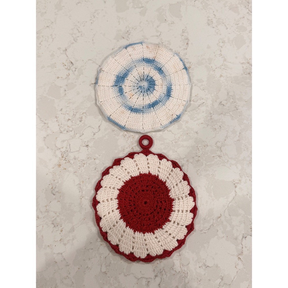 Vintage Handmade Crochet Pot Holder Set of 2 Red Blue White Farmhouse Kitchen